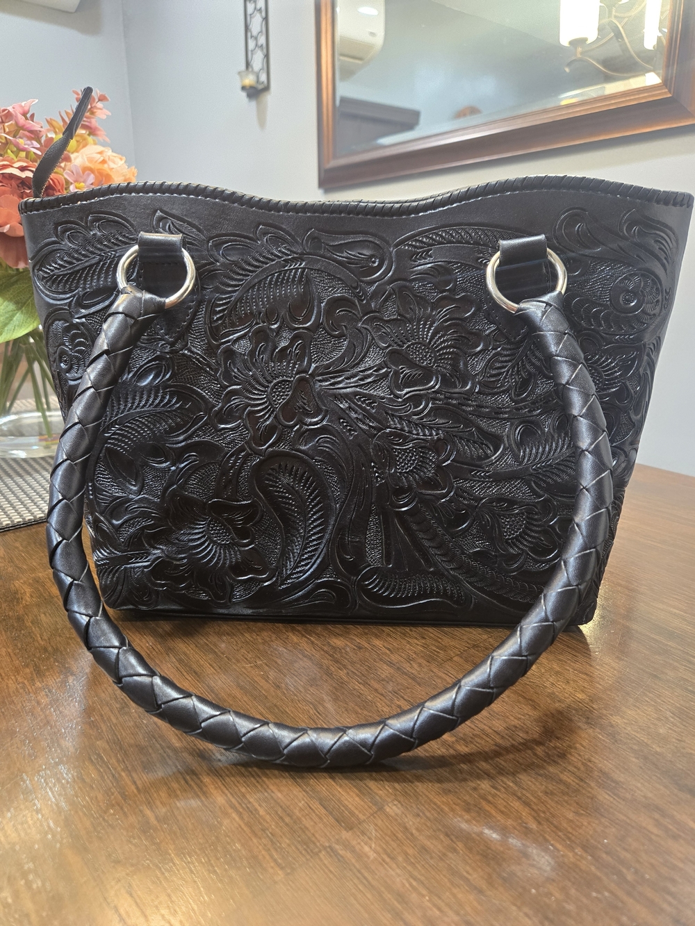 Black Tooled Leather Tote Bag with Braided Handles